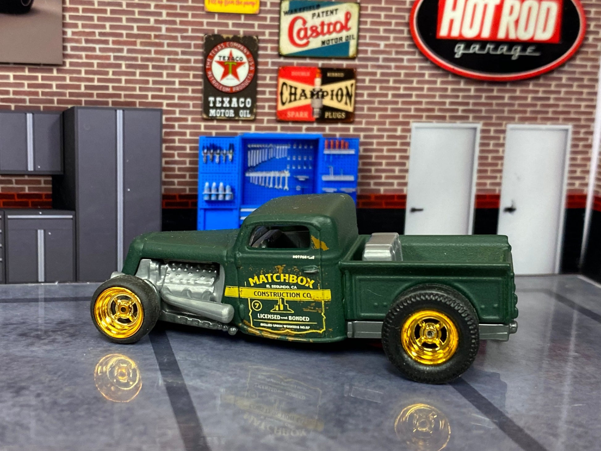 Custom Matchbox - 1935 Ford Pick Up Truck Hot Rod - Satin Green - Gold 4 Spoke Wheels - Slicks