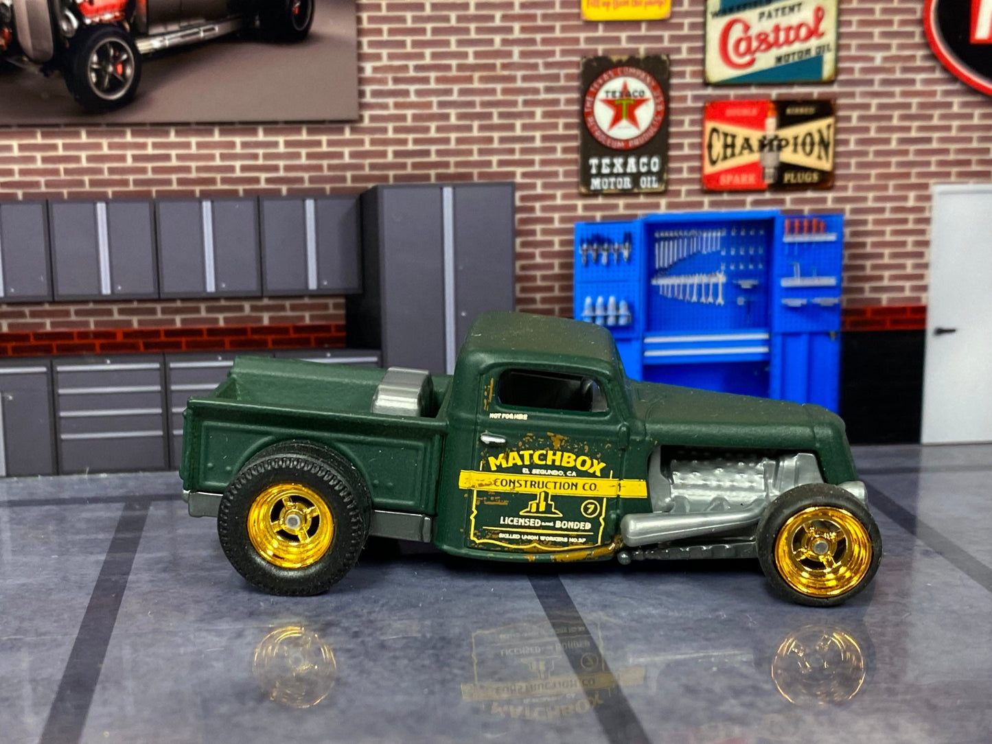 Custom Matchbox - 1935 Ford Pick Up Truck Hot Rod - Satin Green - Gold 4 Spoke Wheels - Slicks