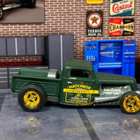 Custom Matchbox - 1935 Ford Pick Up Truck Hot Rod - Satin Green - Gold 4 Spoke Wheels - Slicks
