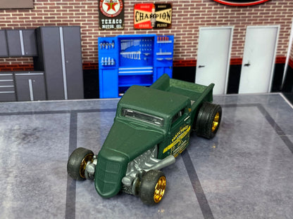 Custom Matchbox - 1935 Ford Pick Up Truck Hot Rod - Satin Green - Gold 4 Spoke Wheels - Slicks