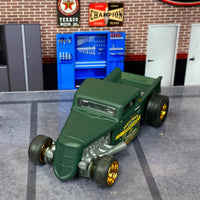 Custom Matchbox - 1935 Ford Pick Up Truck Hot Rod - Satin Green - Gold 4 Spoke Wheels - Slicks