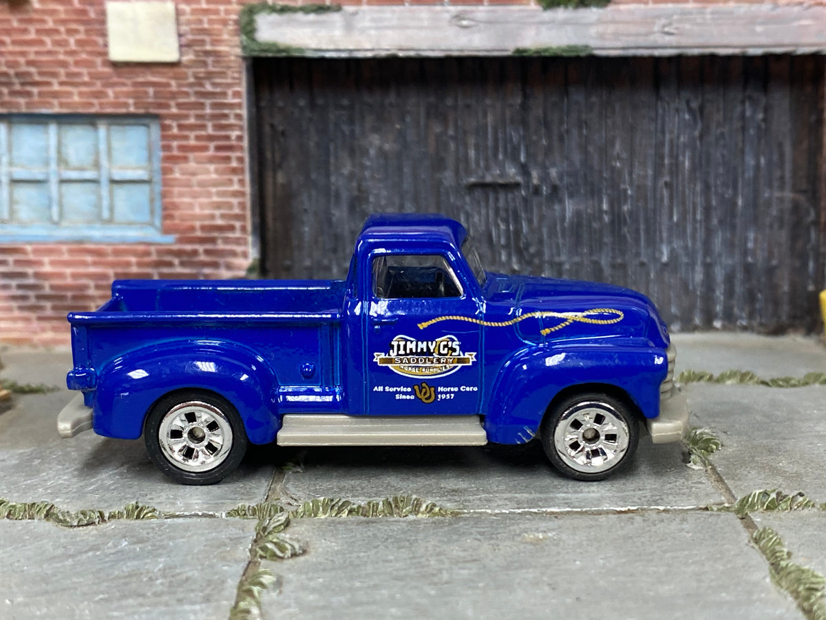 Custom Matchbox 1947½ Chevy AD Truck, Jimmy C's Saddlery with chrome wheels, side view