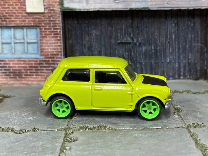 Custom Matchbox 1964 Austin Mini Cooper S, Lime green with green wheels, side view