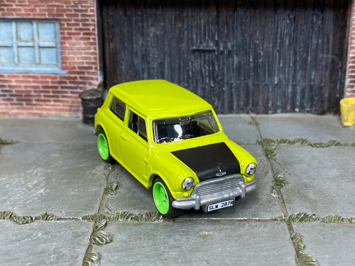 Custom Matchbox 1964 Austin Mini Cooper S, Lime green with green wheels, three-quarter view