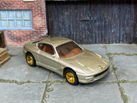 Ferrari 550 Maranello champagne custom Matchbox with gold wheels and rubber tires, view 2