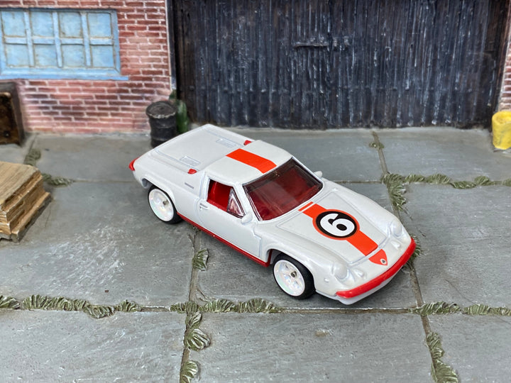 Custom Matchbox 1972 Lotus Europa, White #6 with white wheels, three-quarter view