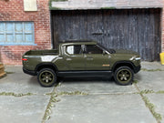 Custom Matchbox Rivian R1T, Launch green with olive wheels, side view