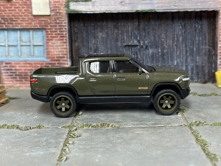 Custom Matchbox Rivian R1T, Launch green with olive wheels, side view