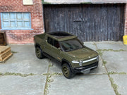 Custom Matchbox Rivian R1T, Launch green with olive wheels, three-quarter view