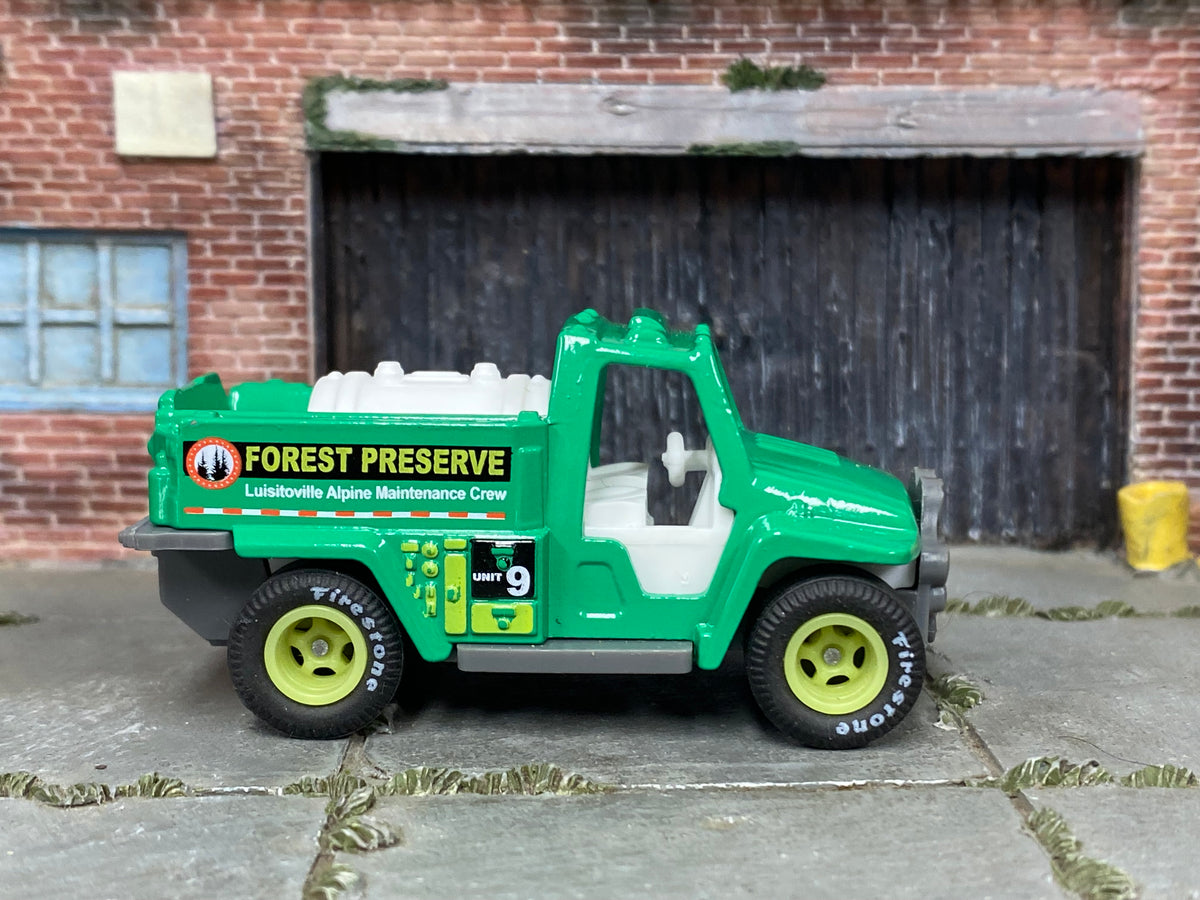 Custom Matchbox Wildfire Rescue, Forest Preserve with printed Goodyear tires, side view