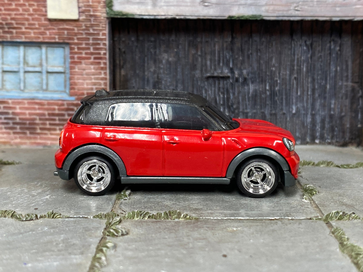 Custom Matchbox Mini Countryman, Red and black with chrome wheels, side view