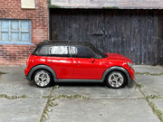 Custom Matchbox Mini Countryman, Red and black with chrome wheels, side view