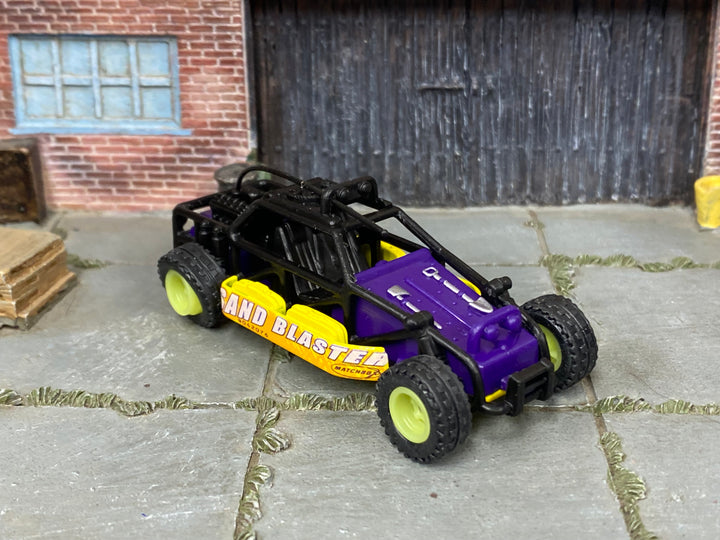 Custom Matchbox Dune Buggy, Sand Blaster with lime green off-road wheels, three-quarter view