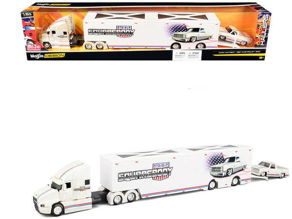 Mack Anthem Enclosed Car Transporter "Squarebody USA" White Metallic with Red and Blue Stripes and 1987 Chevrolet 1500 Pickup Truck White Metallic with Red and Blue Stripes "Custom Haulers" Series 1/64 Diecast Model by Maisto