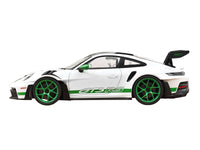 2022 Porsche 911 GT3 RS with Weissach Pack "Tribute to Carrera RS" White with Carbon Hood and Top and Python Green Stripes 1/12 Diecast Model Car by Norev