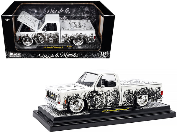 1973 Chevrolet Cheyenne 10 Pickup Truck "Dia de los Muertos" White with Graphics Limited Edition to 2500 pieces Worldwide 1/24 Diecast Model Car by M2 Machines