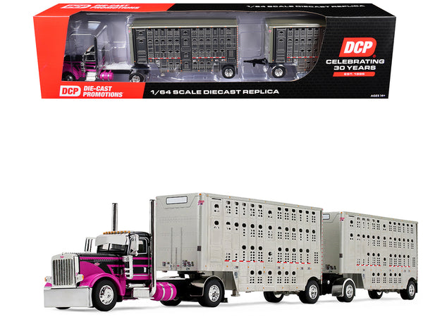 Peterbilt 389 Day Cab and 28' Wilson Silverstar Double Livestock Trailers Black with Magenta Stripes 1/64 Diecast Model by First Gear