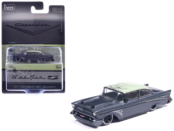 1957 Chevrolet Bel Air Lowrider Gray Metallic with Light Green Top and Halloween Graphics 1/64 Diecast Model Car by IXO Models