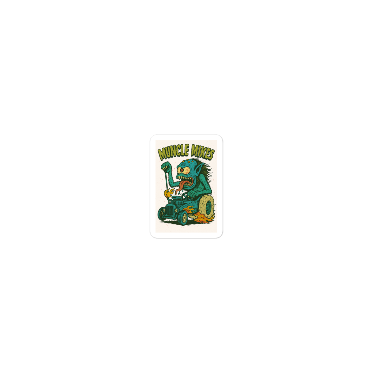 Monster Mugs 003 Hot Rod Coffee Mug — Muncle Mikes Die-Cut Sticker product mockup