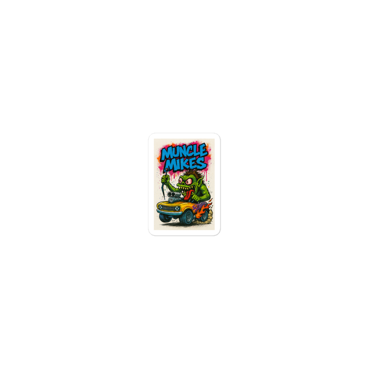 Monster Mugs 008 Hot Rod Coffee Mug — Muncle Mikes Die-Cut Sticker product mockup