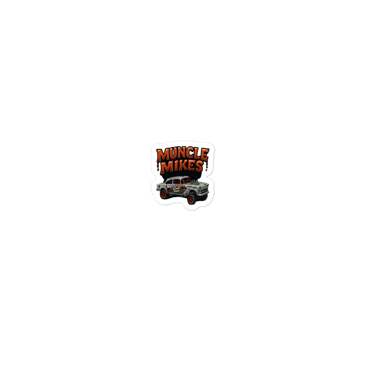 Muncle Mikes Hot Rod and Rat Rod Shirt Mayhem! Bombs Away Gasser Die-Cut Sticker product mockup