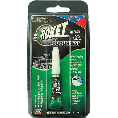 Deluxe Materials AD85 Roket Odourless 3 g cyanoacrylate adhesive in retail packaging