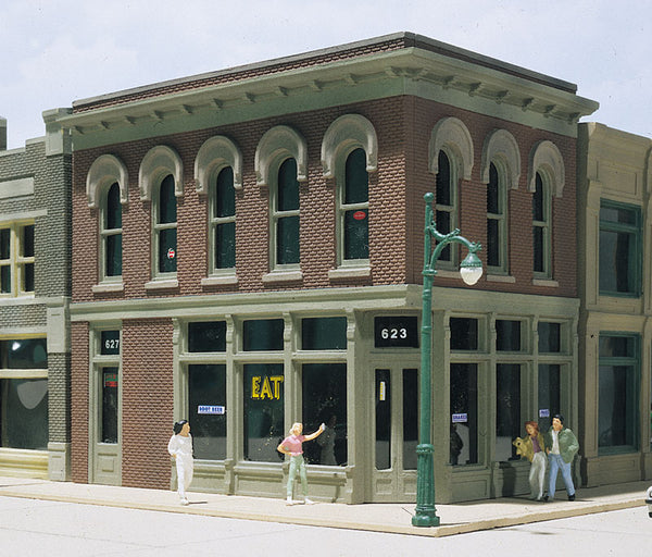 DPM 11500 The Other Corner Cafe HO scale building kit, assembled and painted layout example; figures and surrounding scenery not included