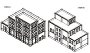 DPM 36300 Victorian Style Storefront HO scale kit, manufacturer illustration of an optional stepped building configuration