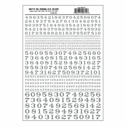 Woodland Scenics MG712 Dry Transfer Numbers, Railroad Roman, 1/16, 3/32, 1/8, 3/16, 1/4 & 5/16", Silver — exact product view