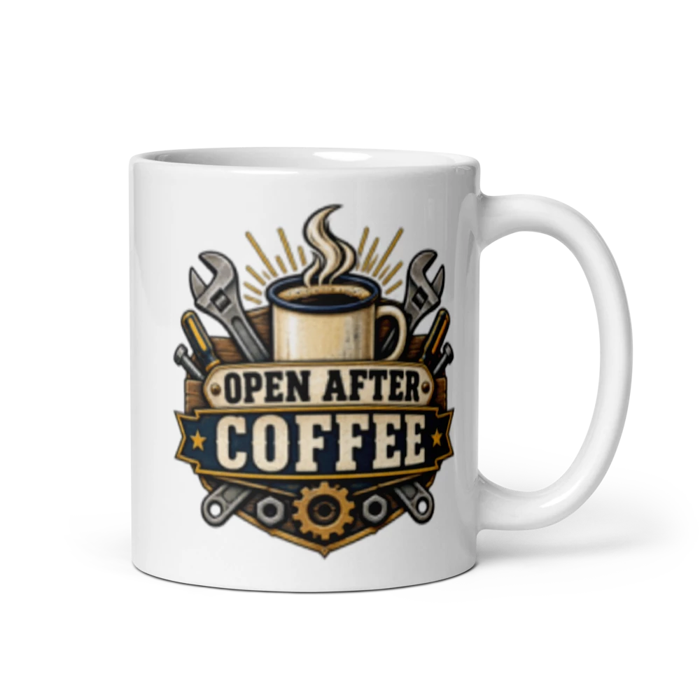 Fix-It Department – Open After Coffee Double-Sided Mug product mockup