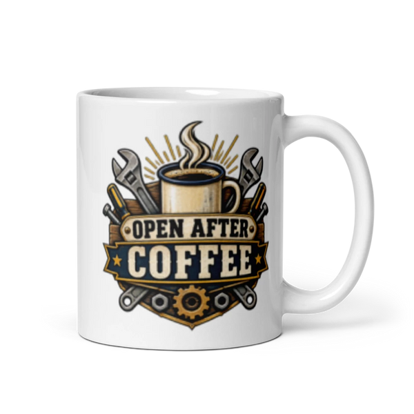 Fix-It Department – Open After Coffee Double-Sided Mug product mockup