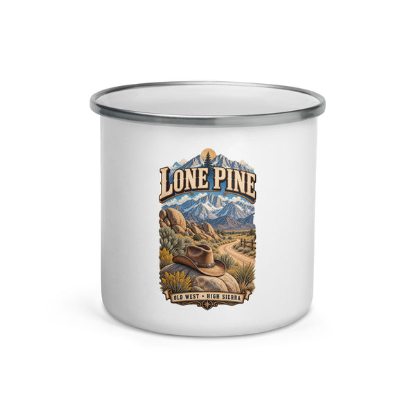 Lone Pine Old West 12 oz enamel camping mug, front-view product mockup