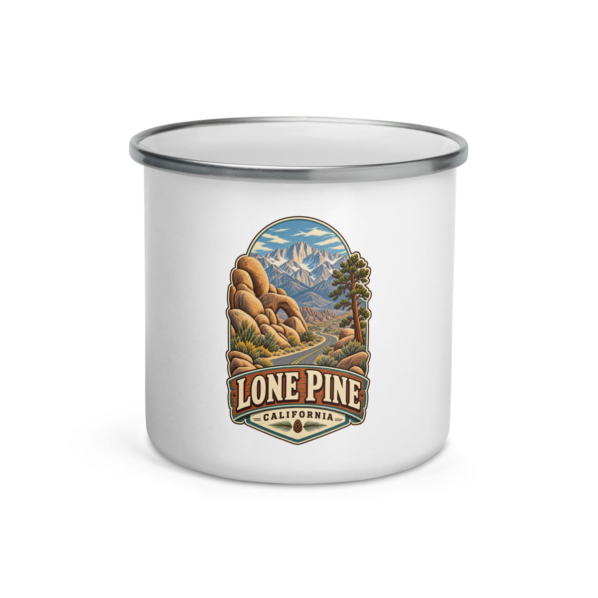 Lone Pine Scenic Road 12 oz enamel camping mug, front-view product mockup