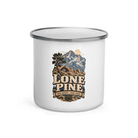 Lone Pine High Desert 12 oz enamel camping mug, front-view product mockup