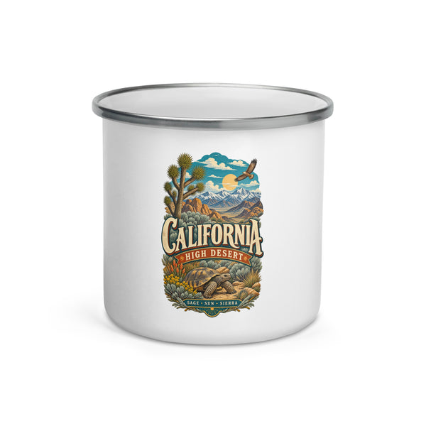 California High Desert 12 oz enamel camping mug, front-view product mockup