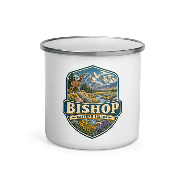 Bishop California 12 oz enamel camping mug, front-view product mockup