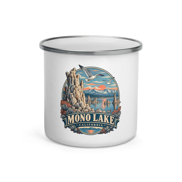 Mono Lake Tufa 12 oz enamel camping mug, front-view product mockup