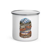 Highway 395 Road Trip 12 oz enamel camping mug, front-view product mockup
