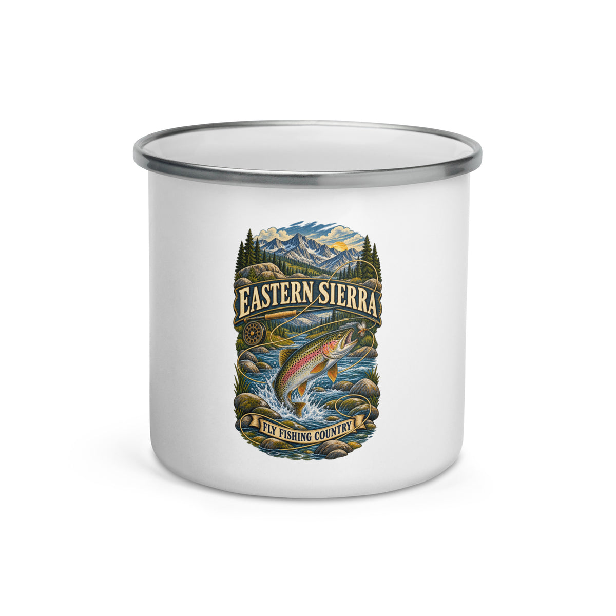 Eastern Sierra Fly Fishing 12 oz enamel camping mug, front-view product mockup
