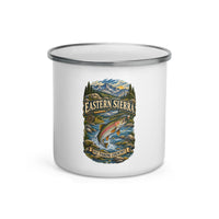 Eastern Sierra Fly Fishing 12 oz enamel camping mug, front-view product mockup