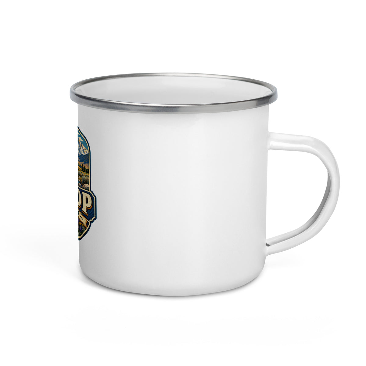 Bishop California 12 oz enamel camping mug, right-side product mockup