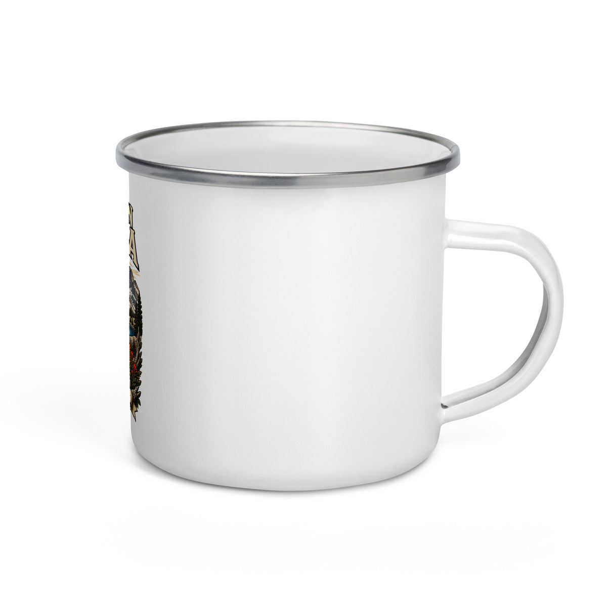 Eastern Sierra bighorn 12 oz enamel camping mug, right-side product mockup