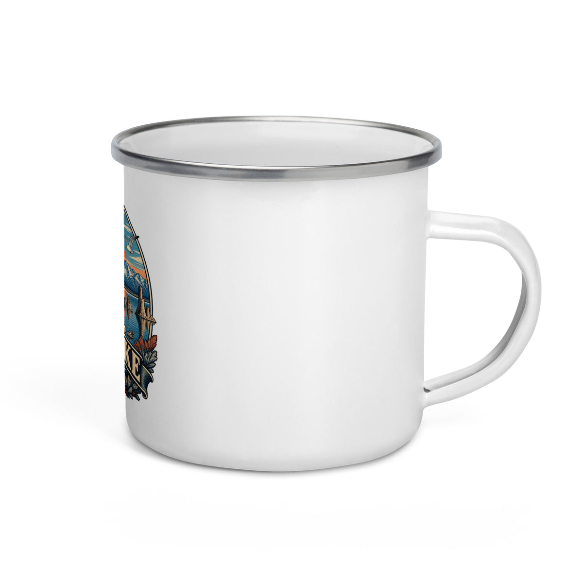 Mono Lake Tufa 12 oz enamel camping mug, right-side product mockup