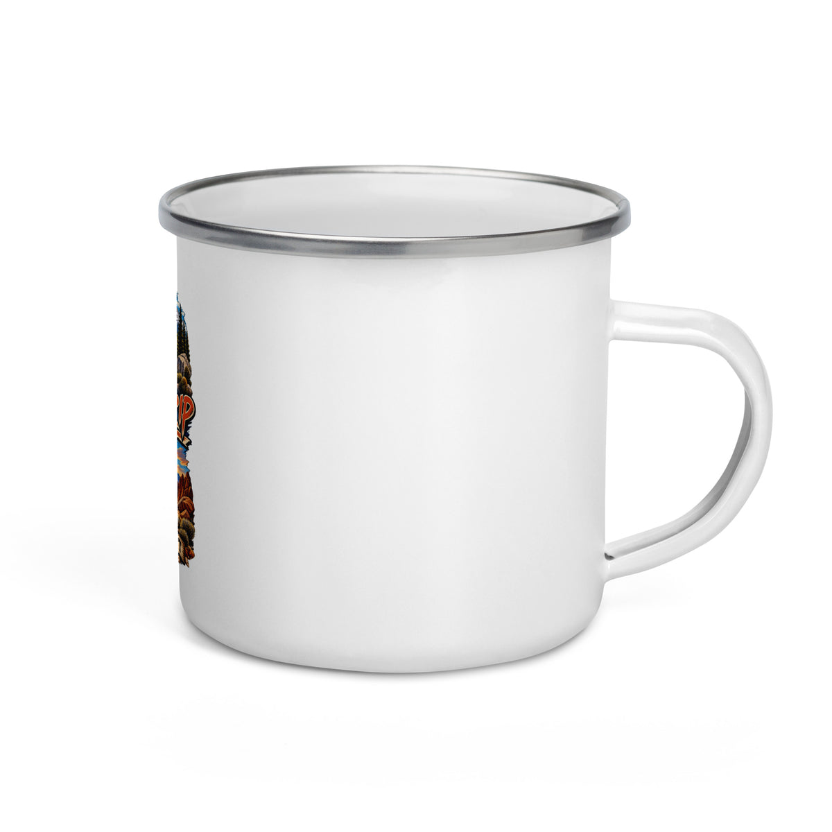 Highway 395 Road Trip 12 oz enamel camping mug, right-side product mockup