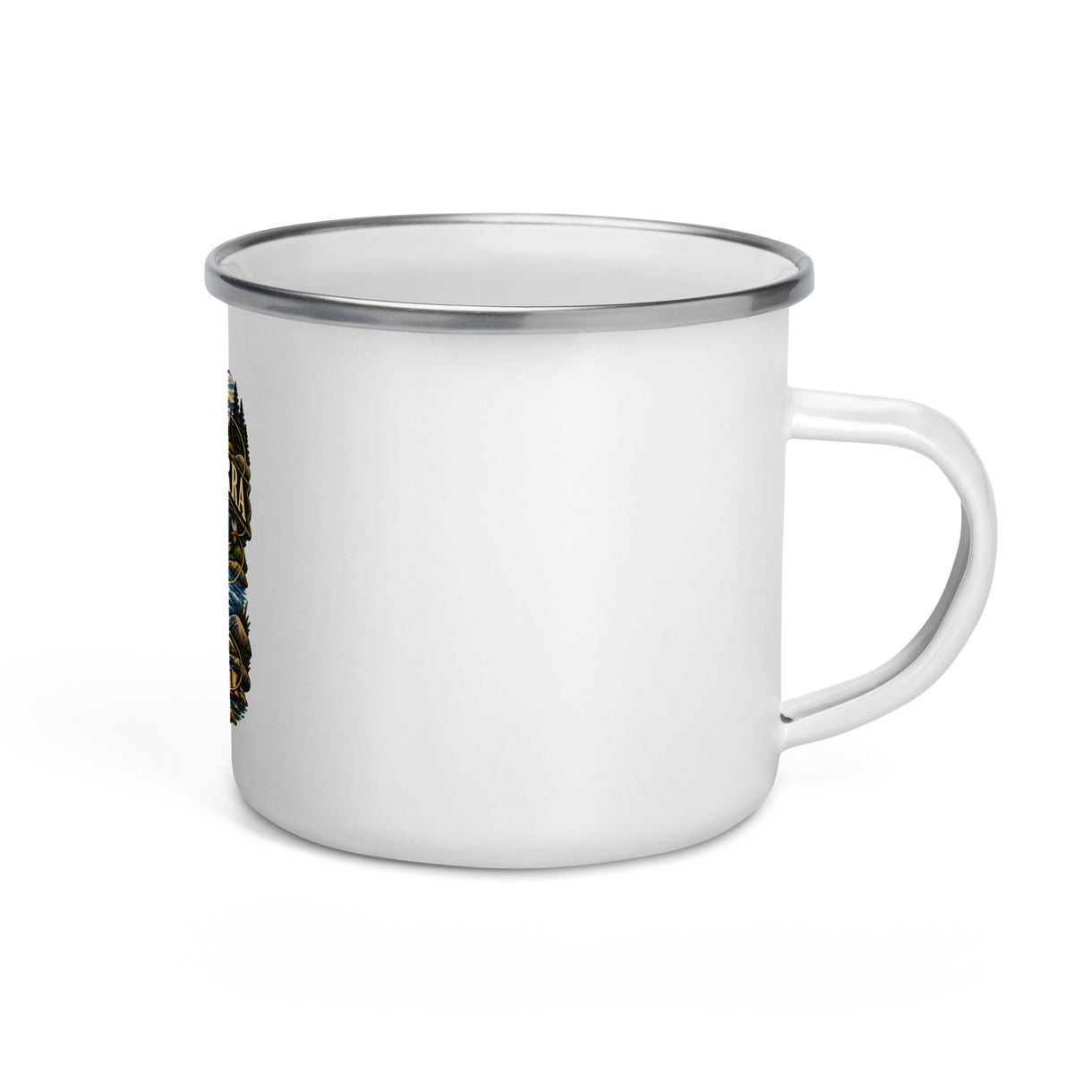 Eastern Sierra Fly Fishing 12 oz enamel camping mug, right-side product mockup