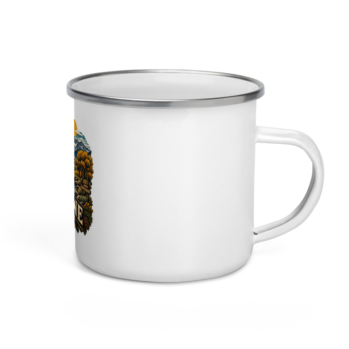 Big Pine California 12 oz enamel camping mug, right-side product mockup