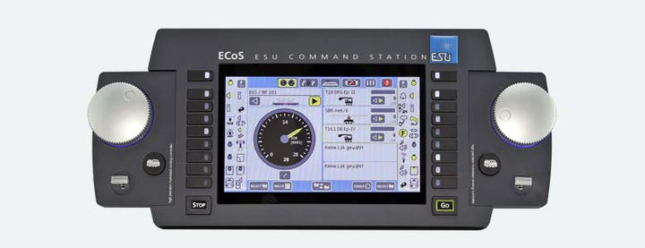 ESU 50220 ECoS 2.5 digital command station with color touchscreen and dual rotary controls.