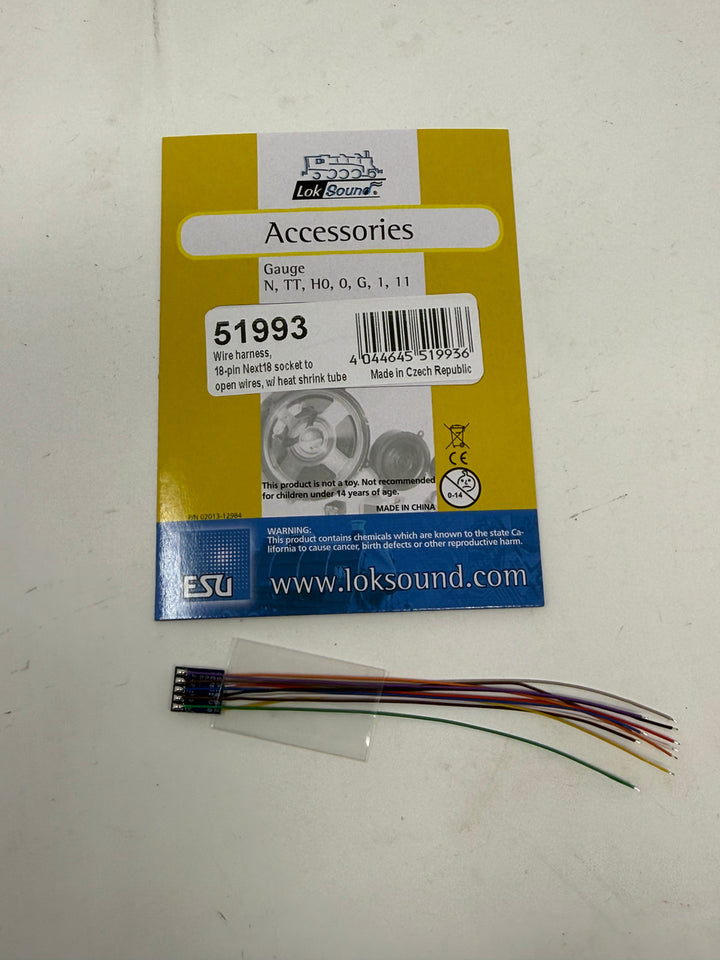 ESU 51993 Next18 18-pin wire harness with open leads and heat shrink tube, shown with labeled package.