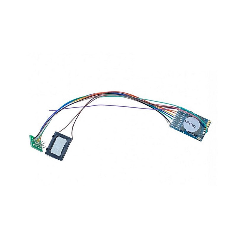 ESU 58210 LokSound 5 Fx decoder with eight-pin NEM652 plug, wire harness and miniature speaker.