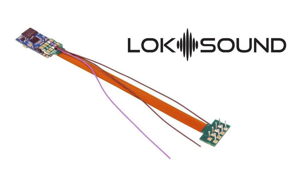 ESU 58820 LokSound 5 micro DCC sound decoder with eight-pin NEM652 plug and wire harness.